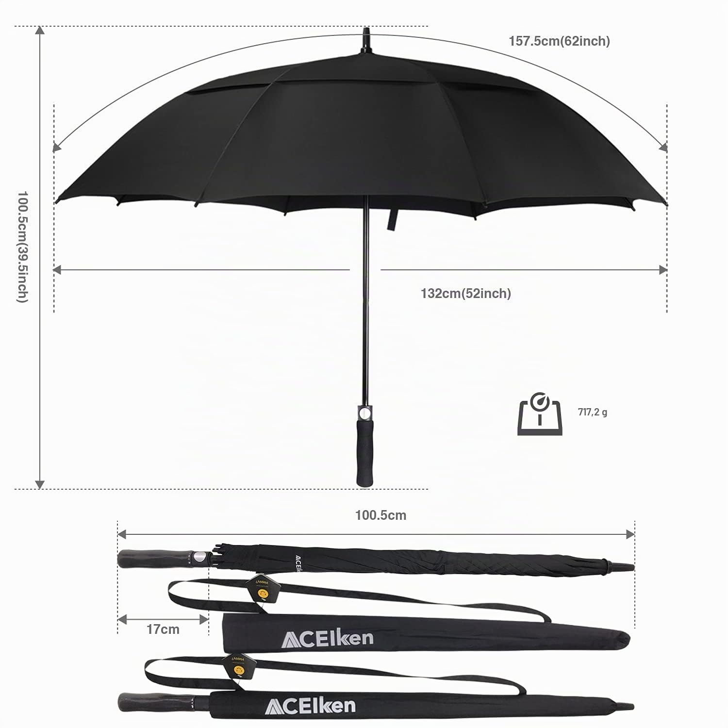 ACEIken Parapluie de golf coupe-vent grand format 157/172 cm, double auvent ventilé, ouverture automatique, extra large, protection solaire, ultra résistant à la pluie et au vent