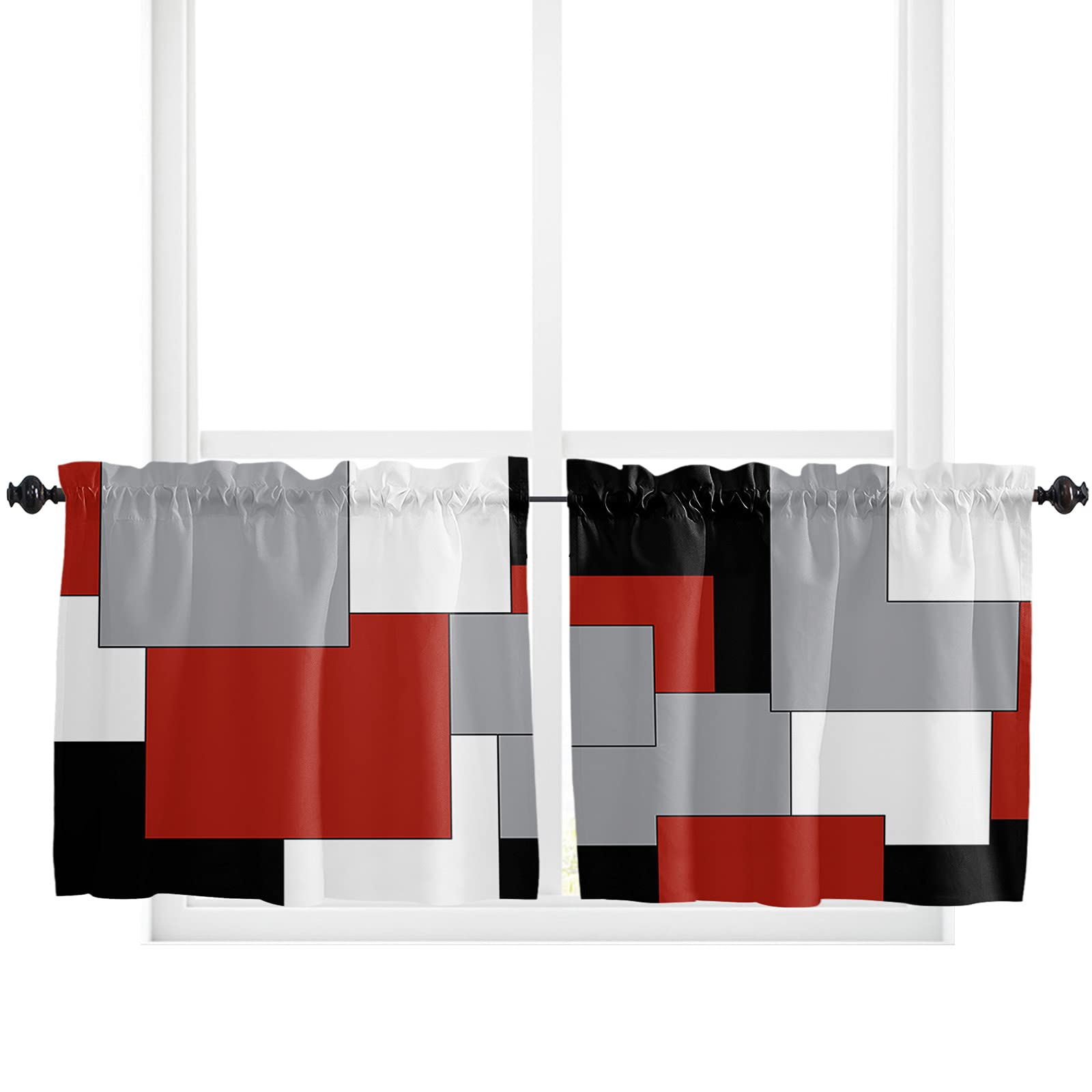 Red Black Grey Tier Curtains 36 Inches Long, Modern Middle Century Rod Pocket Window Curtains Panels for Bedroom/Bathroom/Nursery, Color Block Small Short Half Curtains Drapes for Cafe 55''x36''