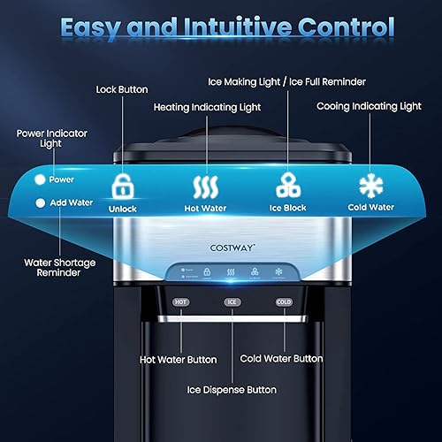 Miniatura 8 de COSTWAY Dispensador de agua con máquina de hielo capacidad para botella de 3 a 5 galones 3 en 1 máquina enfriadora de agua fría caliente de carga