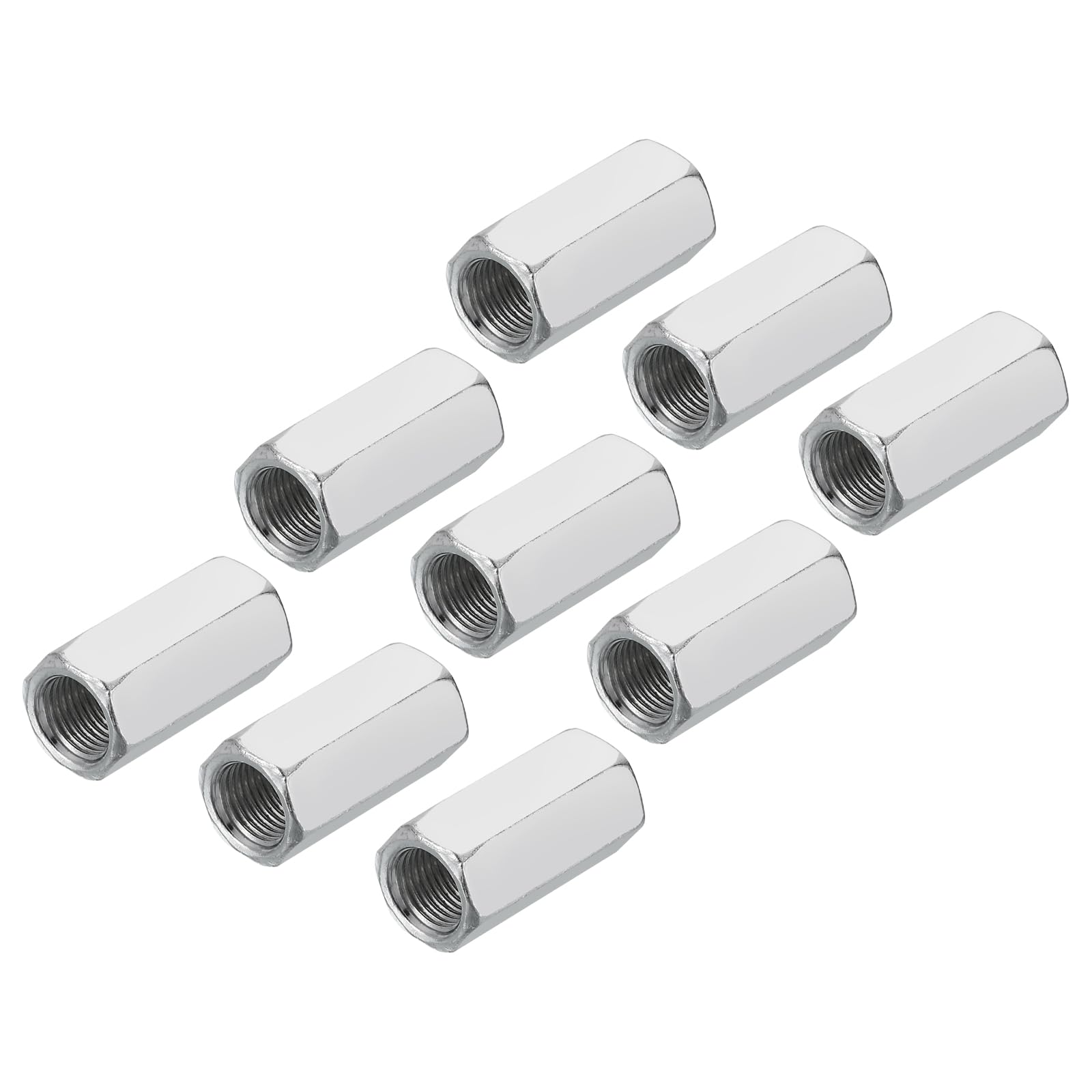 sourcing map M10 x 1 Pitch Carbon Steel Hex Coupling Nuts, 12Pcs 30mm/ 1.2" Length Fully Threaded Rod Coupling Nut Stud Fine Thread Pipe Connector Fasteners, Silver