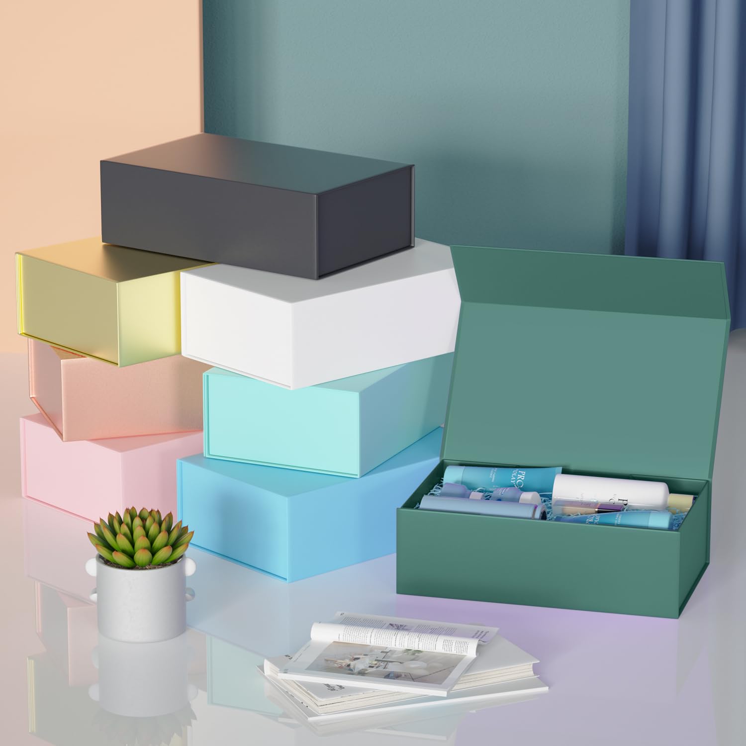 RYDDOY Green Gift Box, 9.5x6x3'' Gift box for Presents with Lids Magnetic Closure Rectangle Collapsible for Bridesmaid Proposal Box, Wedding, Christmas, Halloween, Birthday Gift Packging