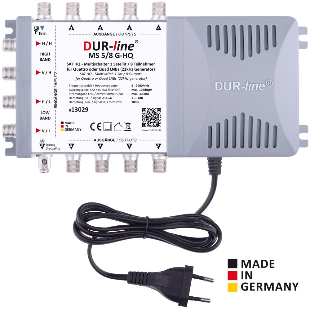 DUR-line MS 5/8 G-HQ Multiswitch Made in Germany Multiswitch Sat para 8 participantes/TV Fuente de alimentación de bajo Consumo Multiswitch, Matrix [Digital, HDTV, FullHD, 4K, 8K, UHD]