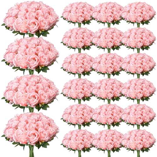 Ovveroche 150 Pcs Roses Artificial Flowers, Silk Light Pink Artificial Flowers Petals Long Stem Roses for Wedding Bouquet Home Party Decor