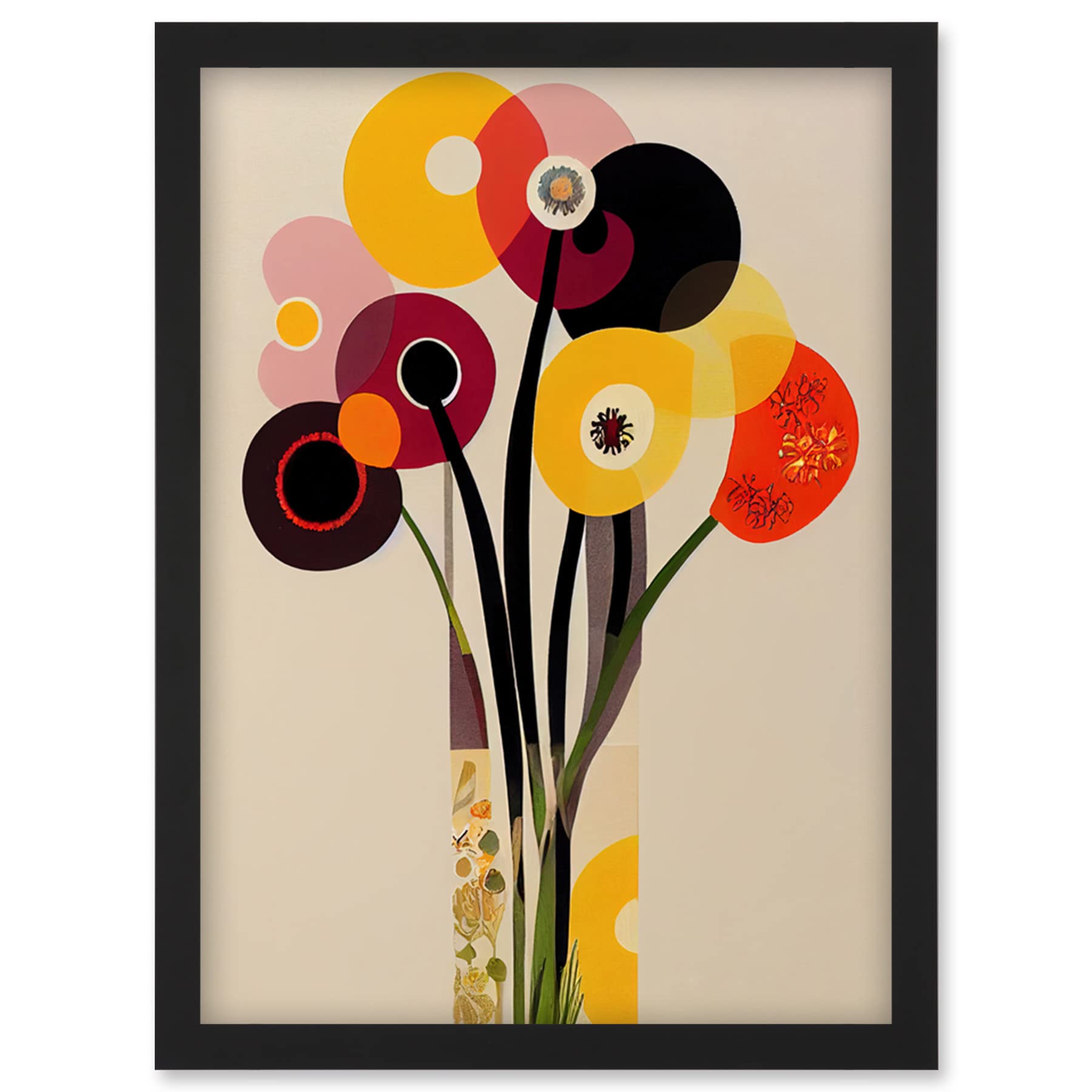 Wee Blue Coo Abstract Retro Spring Summer Flowers Floral Yellow Burgundy Orange Bouquet Vase Artwork Framed Wall Art Print A4
