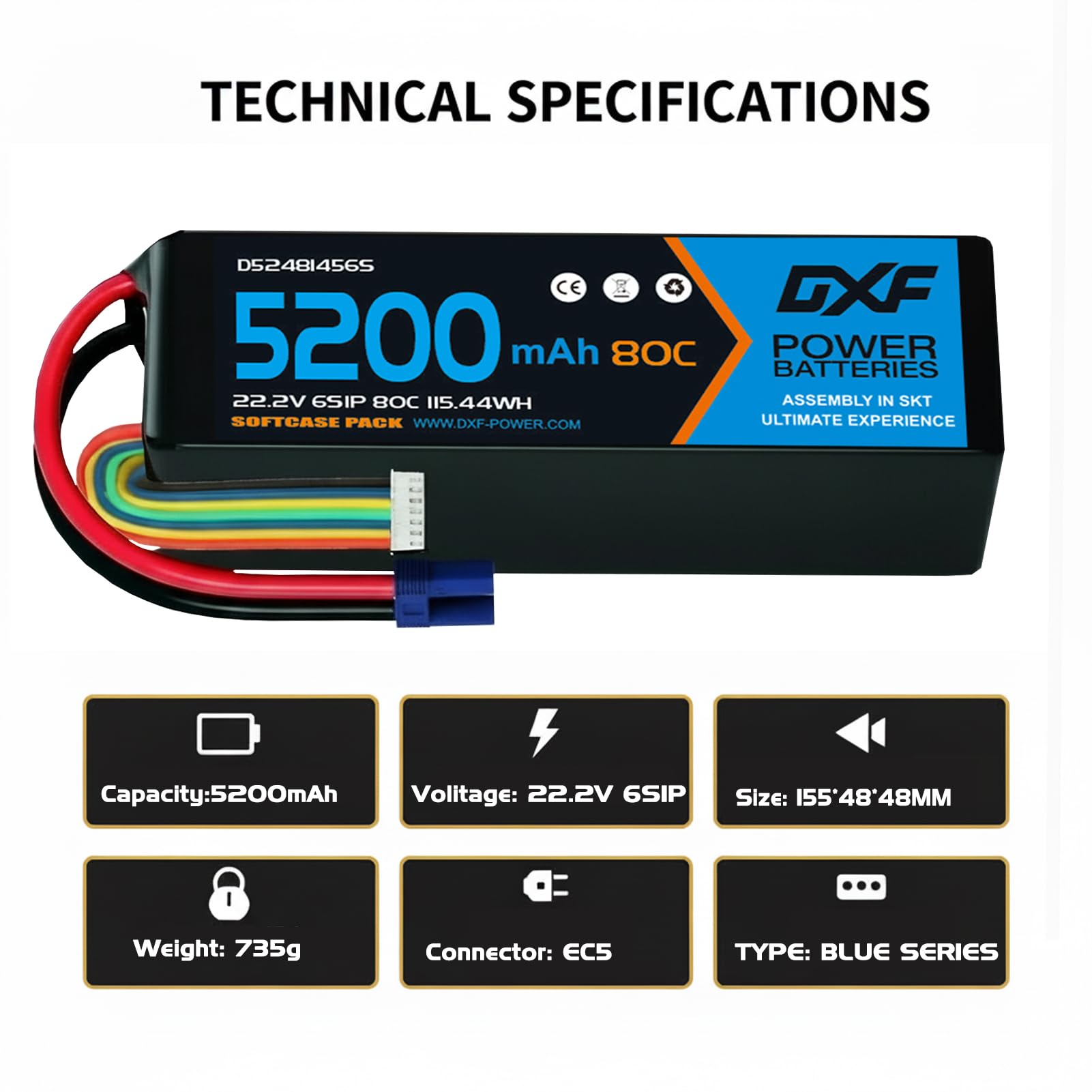 DXF 5200mAh 22.2V 6S 80C EC5 batería Recargable Pila Polímero de Litio Juguete Multicolor para Helicópteros y Aviones más Pequeños como Align GAUI KDS ElyQ Trex-550/600（2PCS）
