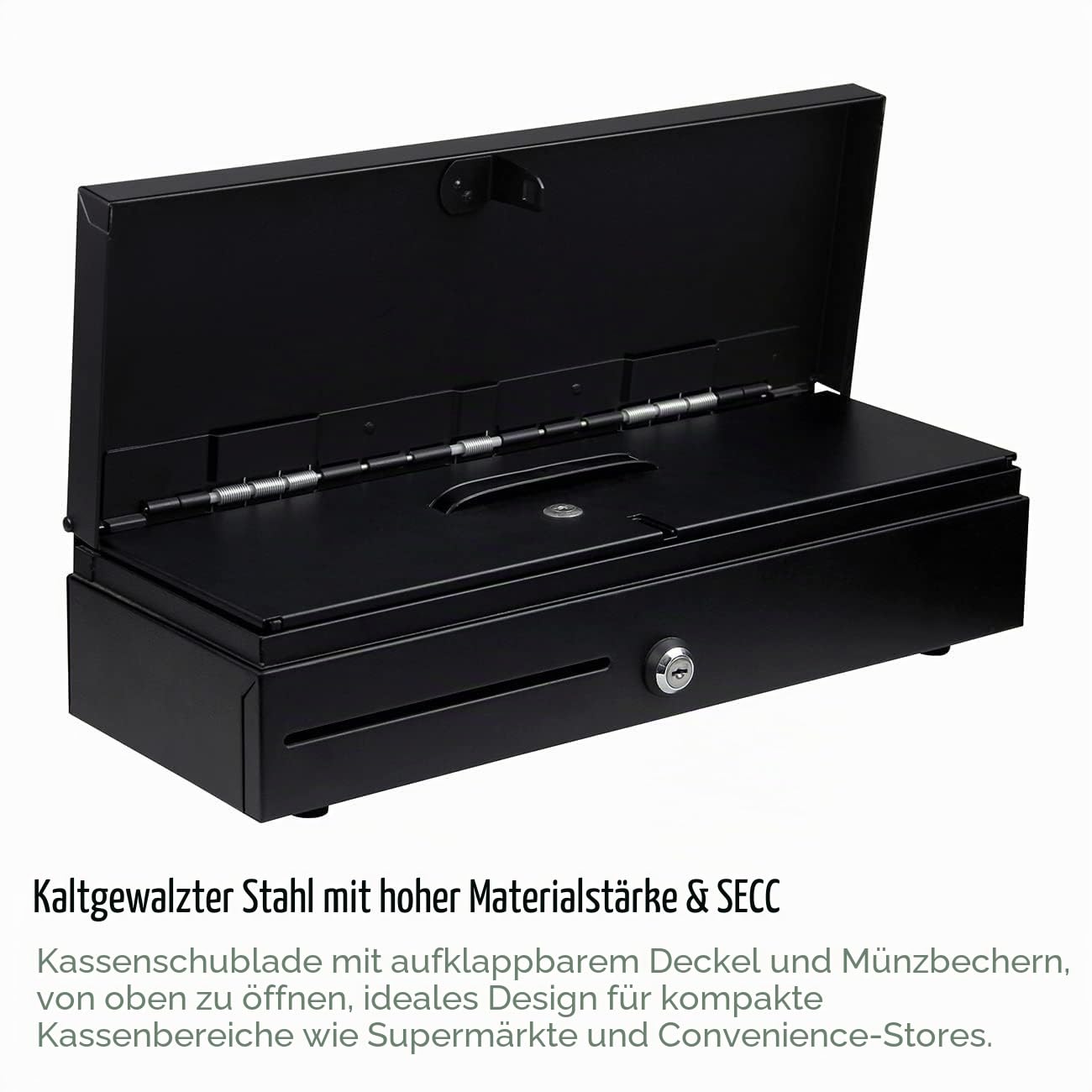 HONEY BEAR Klappdeckel-Kassenlade Registrierkasse Schublade 12V/24V Kassenschublade Kasse Geldlade für POS-Belegdrucker System, mit RJ11/RJ12 Schnittstelle, 6 Banknoten und 8 Münzen (Schwarz)