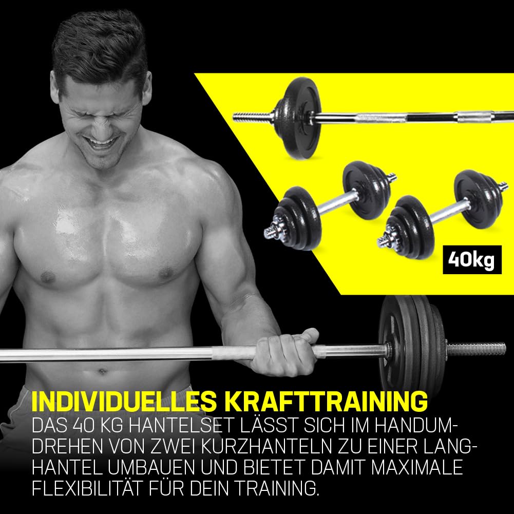 SPORTINATOR® "Machine" Hantel Set mit Koffer – Kurzhantel oder 2-in-1 Hantelset (15–40 kg) – Gusseisen & Stahl – Für effektives Ganzkörpertraining zu Hause oder unterwegs