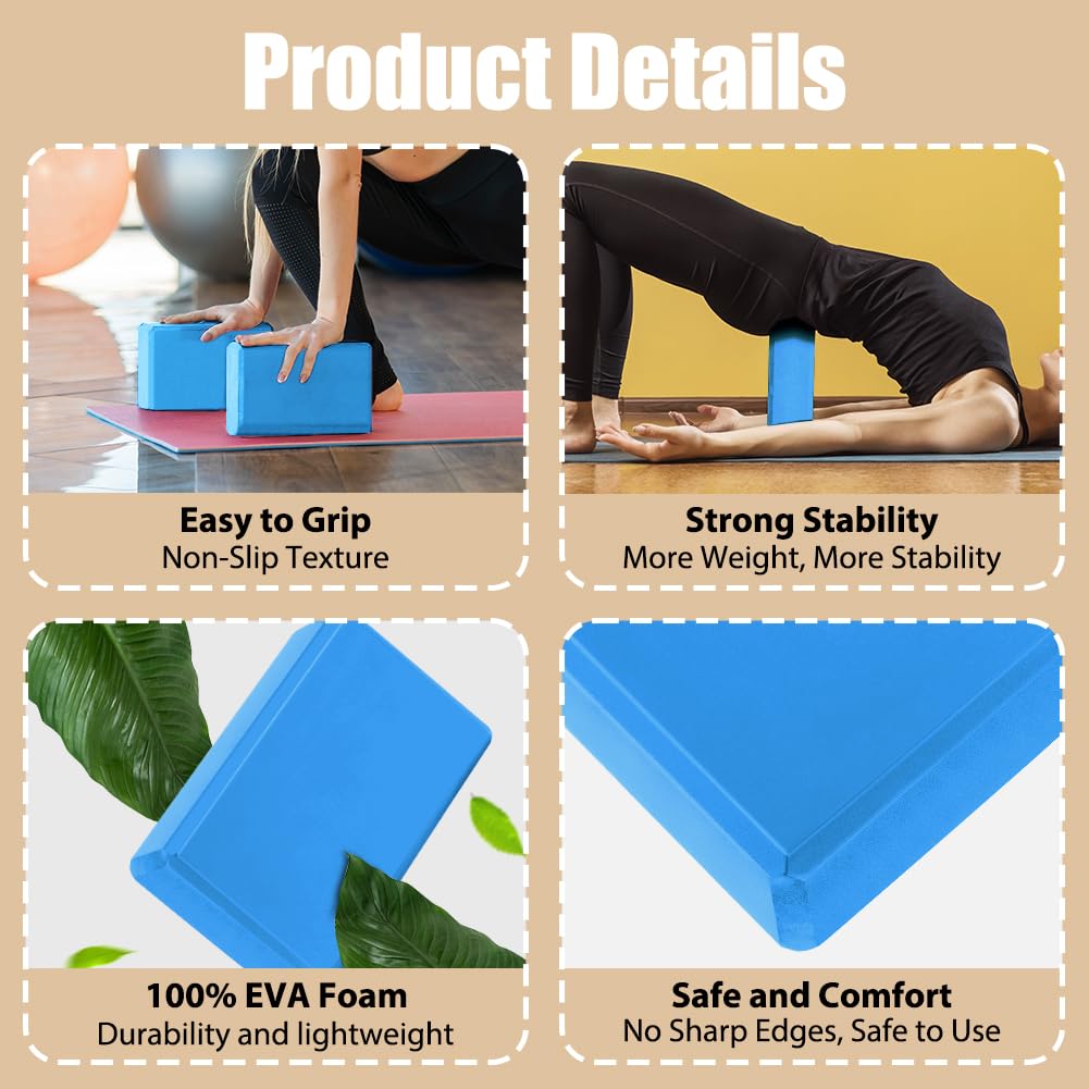 Flintronic Yoga Blocks Set of 2, Sports Yoga Blocks, Gym Bricks, Non-Slip Lightweight Yoga Block, High-Density EVA Foam Yoga Block for Yoga Pilates Training and Home Exercise, Blue 2