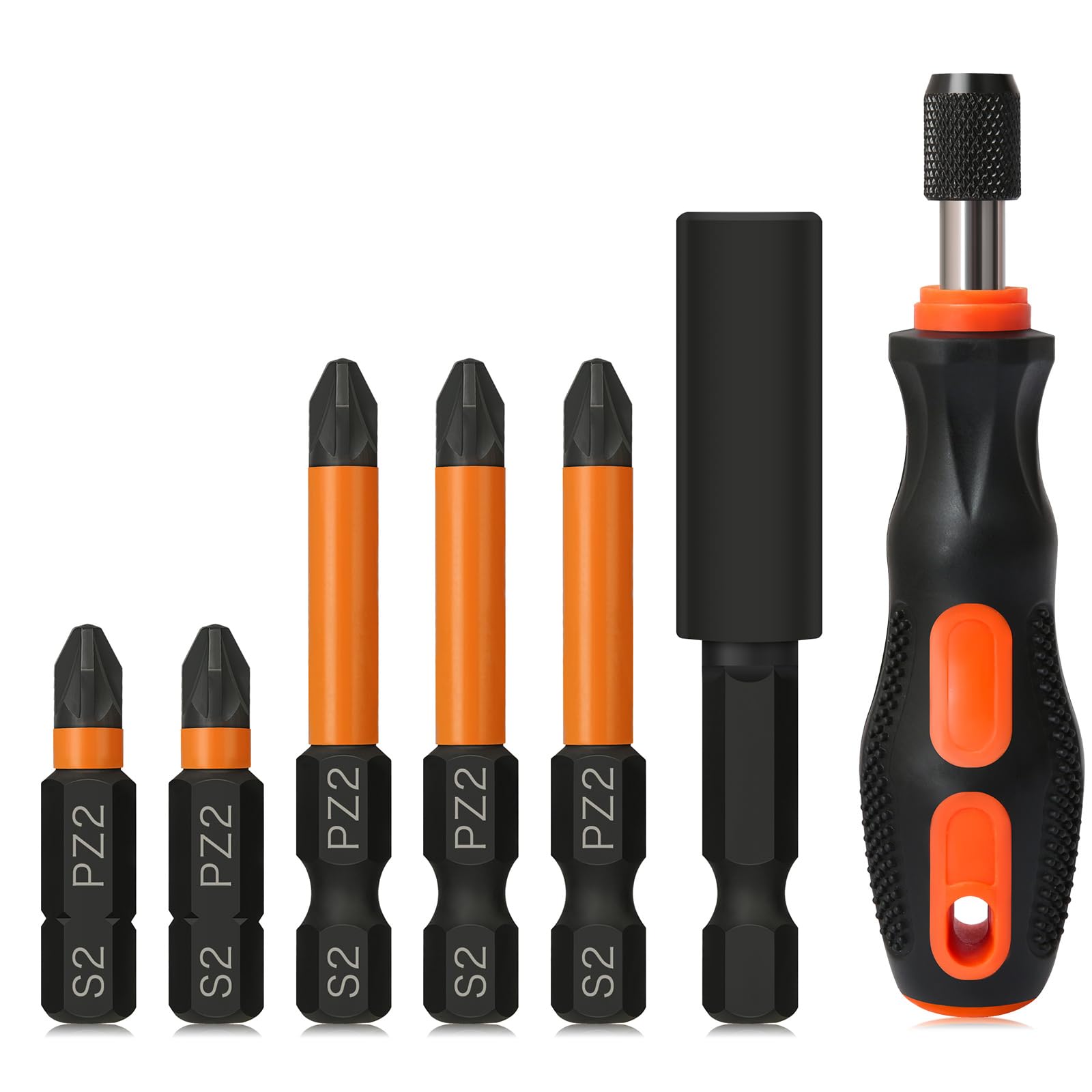 PZ2 Impact Driver Bits Hakkin Heavy Duty Magnetic Pozidriv Screwdriver Bits with Bit Driver S2 Steel 1/4” Hex Shank POZI Bits with 1pcs 60mm Bit Extension Holder