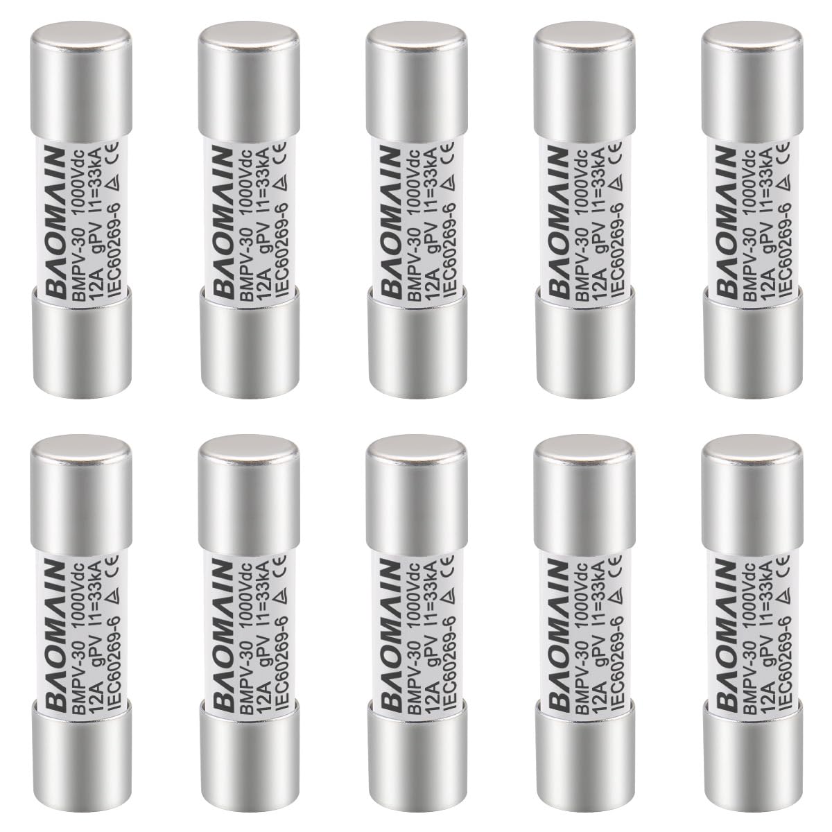 Baomain 10-Pack gPV Solar PV Fuse 12A 1000V DC, 10x38mm, 33kA Breaking Capacity, CE Listed for Photovoltaic Systems, Combiner Boxes (12 Amp.)