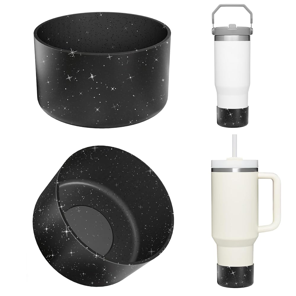 Upgrade 2PCS Protective Silicone Boot Bumper for Stanley Quencher Adventure 40oz 30oz IceFlow 20oz 30oz Tumbler, Water Bottle Bottom Sleeve Cover Accessories for Stanley Mug Cup(Glitter Black)