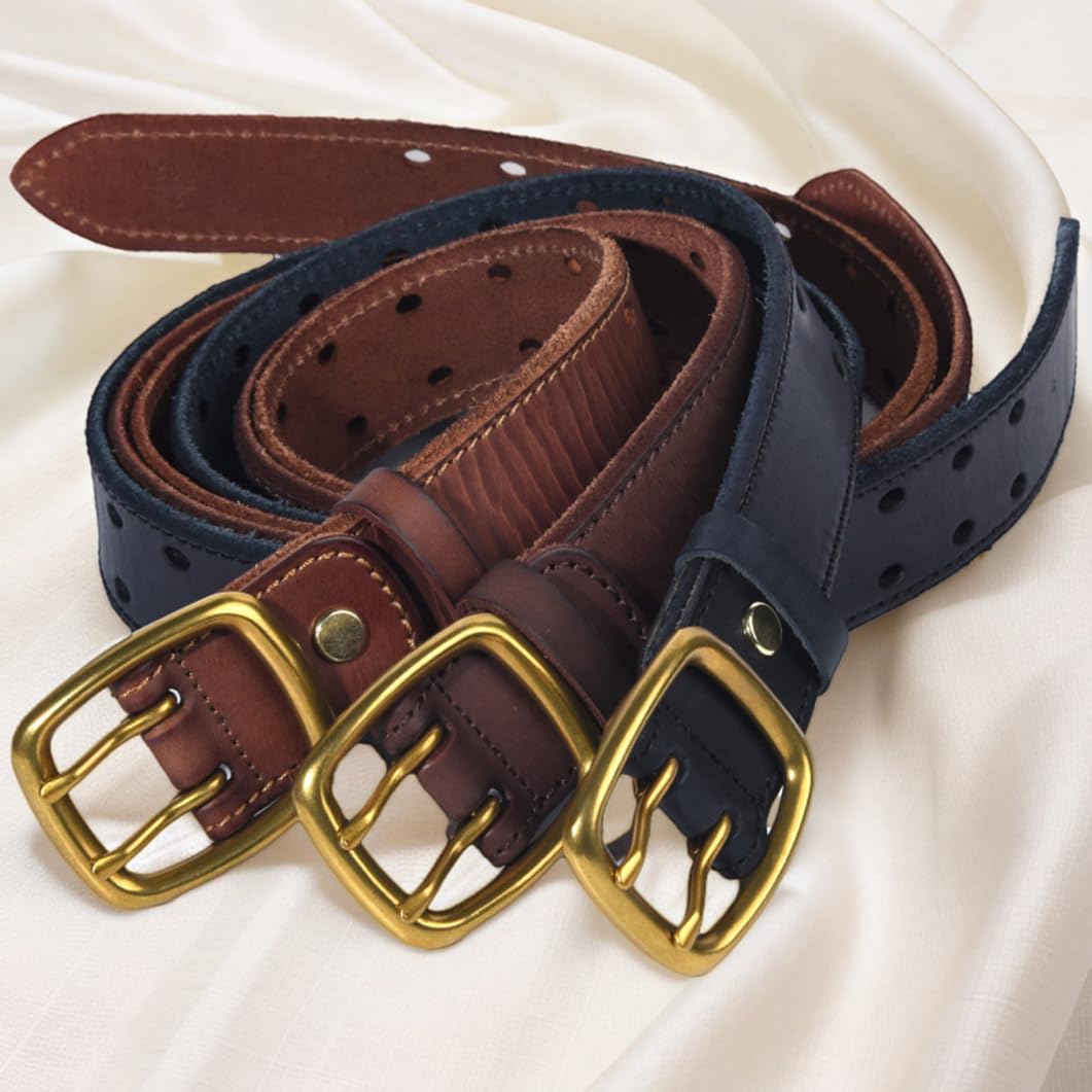Cinturón De Cuero Unisex Con Doble Punta, Hebilla Latón Macizo, 105 Cm, Marrón