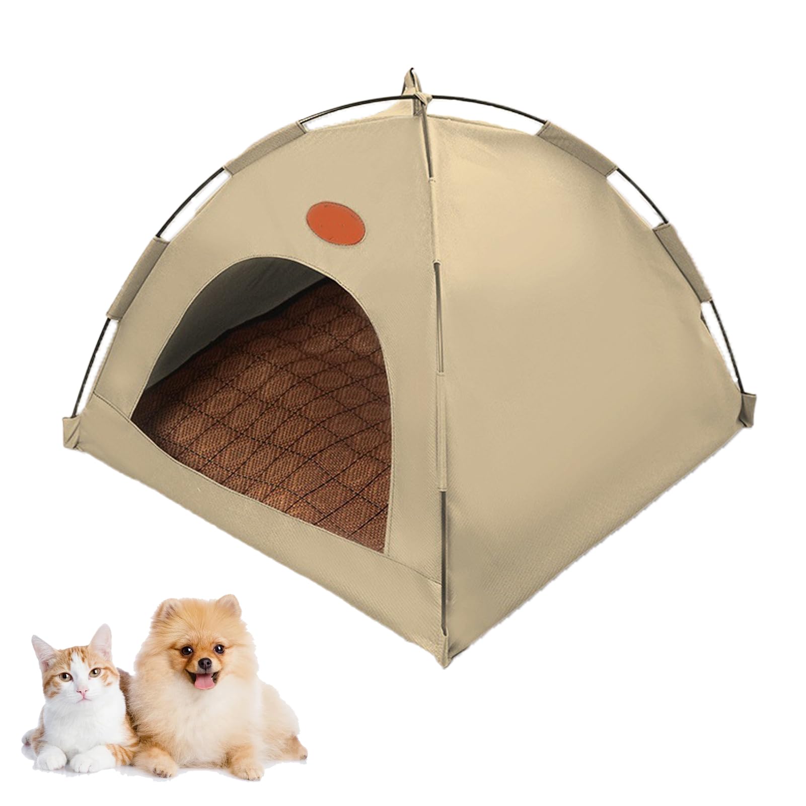 Cat Cooling Sun House with Rattan Mat, Foldable Pet Camping Bed for Indoor Outdoor Use, Breathable Dog Sun House with Mesh Windows for Small Dogs and Kittens (Beige,L)