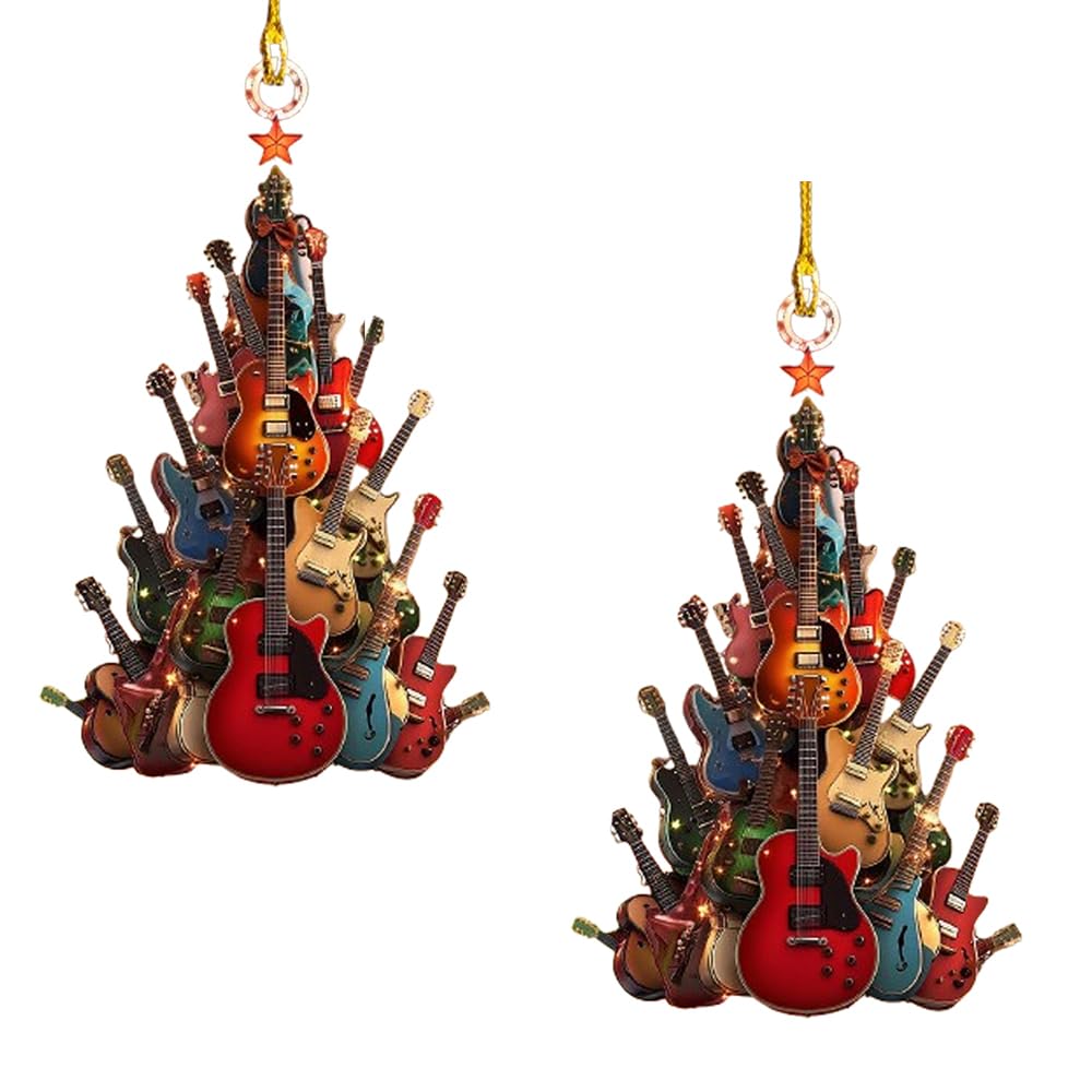 Decorazione per albero di Natale a forma di chitarra Rockin' Around The Chitarra, 2D in acrilico di alta qualità, decorazione per strumento musicale, regalo per chitarristi, appassionati di musica