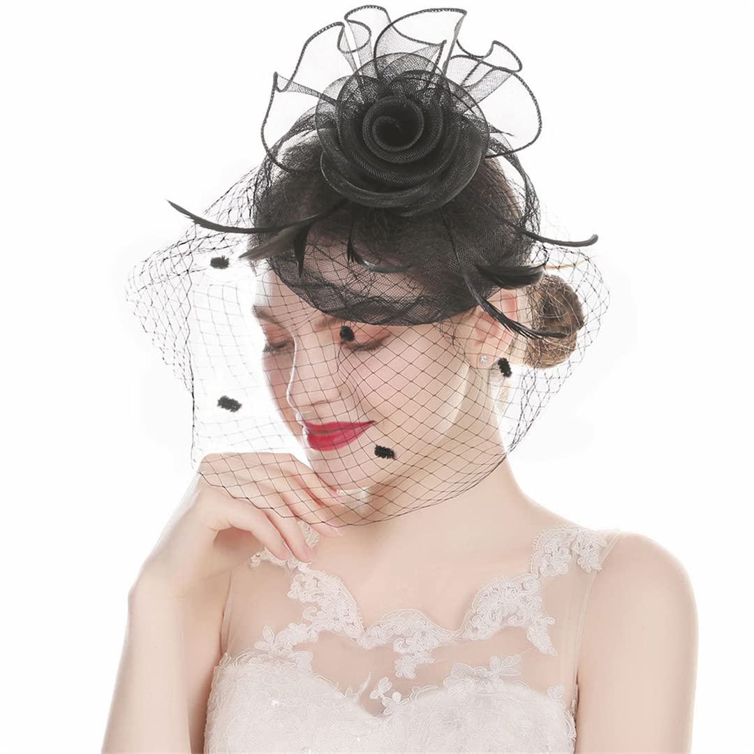 FBHappiness Mesh Flower Feather Headband Fascinator Hair Clips For Women Vintage Tea Party Hats Accessories,Feather Flower Hair Clip(Black)