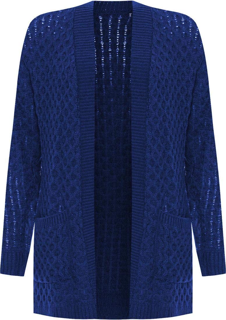 Top Fashion18 Ladies Plus Cable Knitted Open Pocket Cardigan Chunky Long Sleeve Granddad Royal Blue
