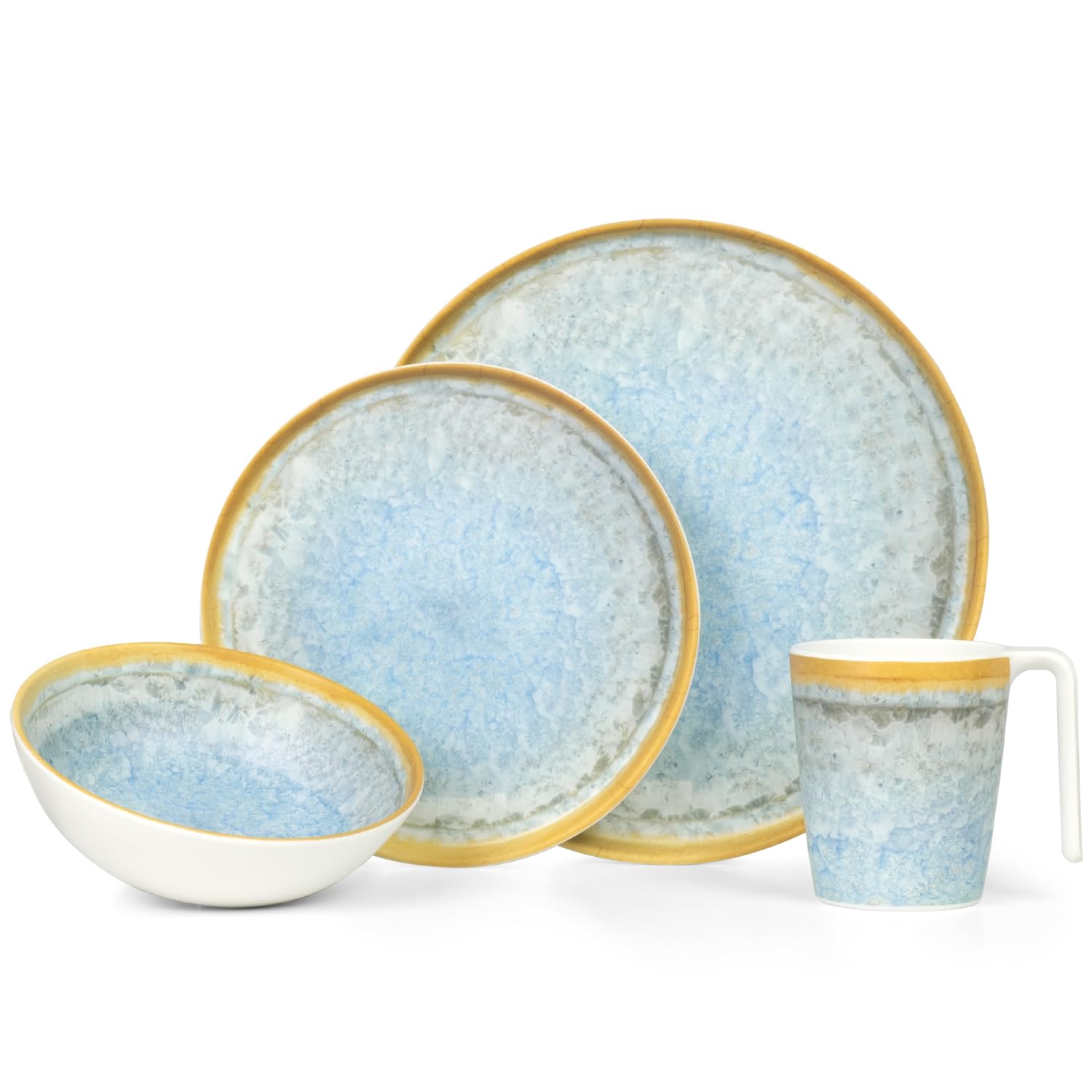 Melamina zestaw naczyń kempingowych dla 4 osób, Crystal Blue + 4 szklanki Milano Champgner Flûtes naczynia stołowe piknik BBQ naczynia do gotowania