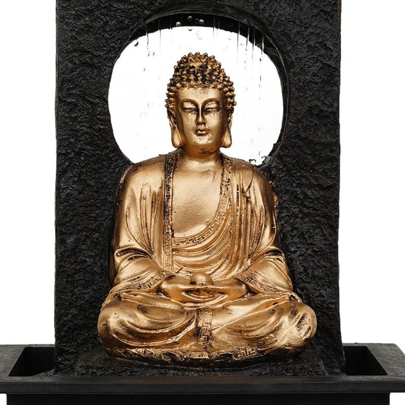 Image of Polyresin Table Top Golden Brown Meditating Buddha Indoor Waterfall Fountain for Home Decor with Yellow LED Lights, Speed Controller Pump (Size: 38 x 22 x 29.5CM | Weight: 2120grm)