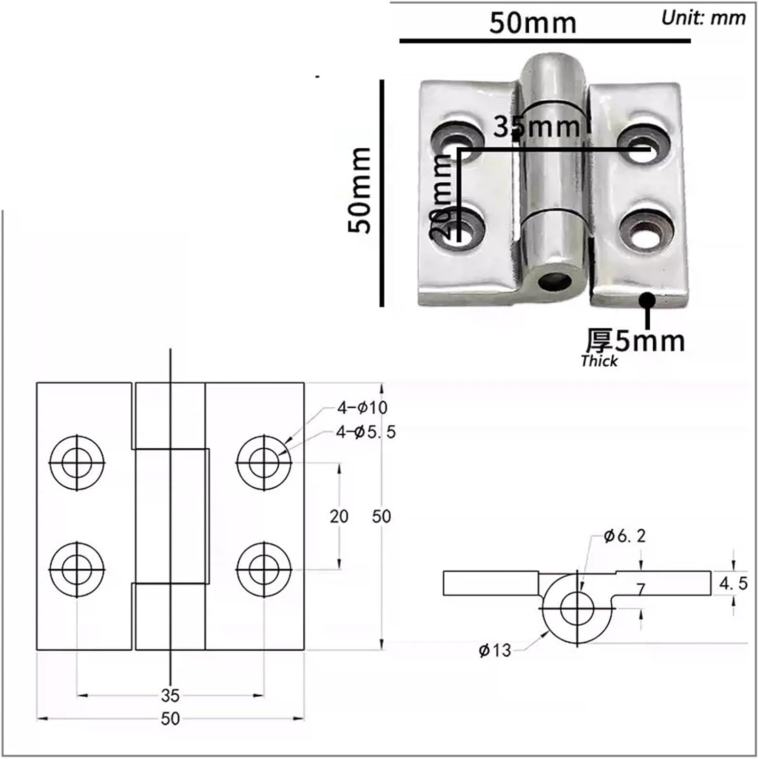 Stainless Steel Large Hinges Industrial Electrical Equipment 1Pcs(50mmx50mmx5mm-T)
