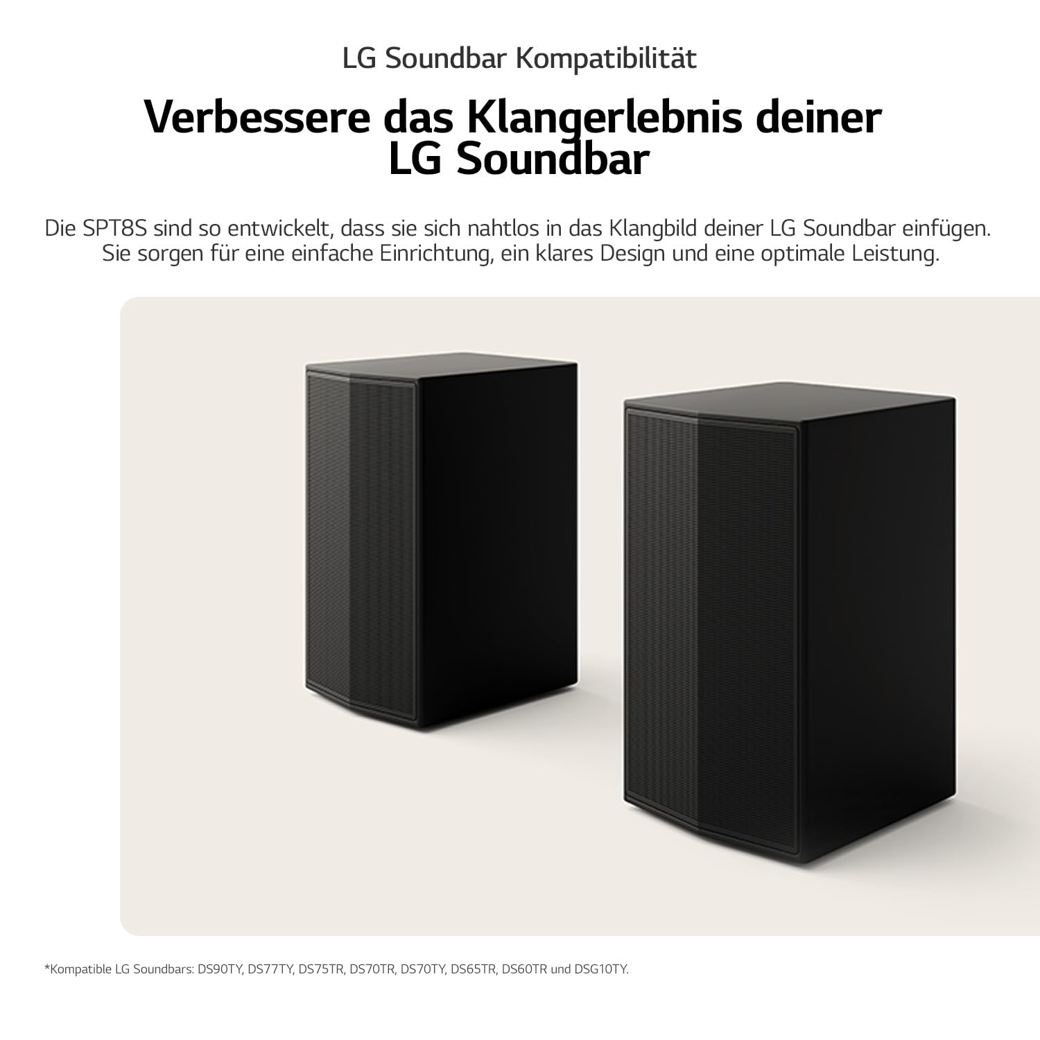 LG SPT8-S Rücklautsprecher-Set, Rücklautsprecher-Set für Soundbars, 100 W Leistung und 2,0 Kanäle, leistungsstarker und Surround-Sound, platzsparendes Design, Schwarz