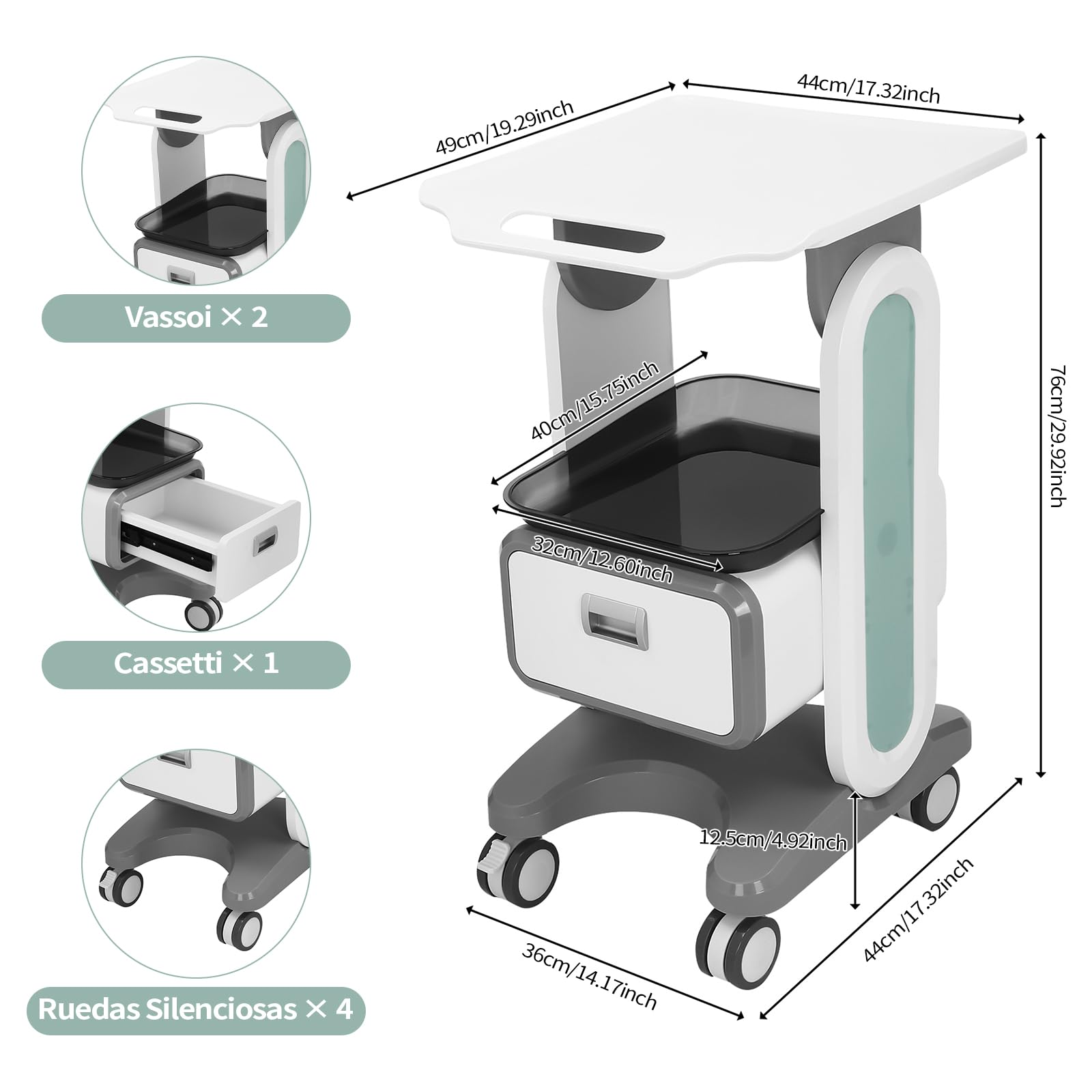 Carrelli da laboratorio a 2 livelli, carrello medico con 1 cassetto, 1 vassoio superiore e 4 ruote silenziose, carrello medico mobile con materiale ABS per laboratorio, clinica, ospedale, bianco