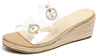 Jeesay Wedge Sandals for Women Slides with Buckle Strap Rhinestones Slip On Peep Toe Women's Platform Sandals High Heels Shoes