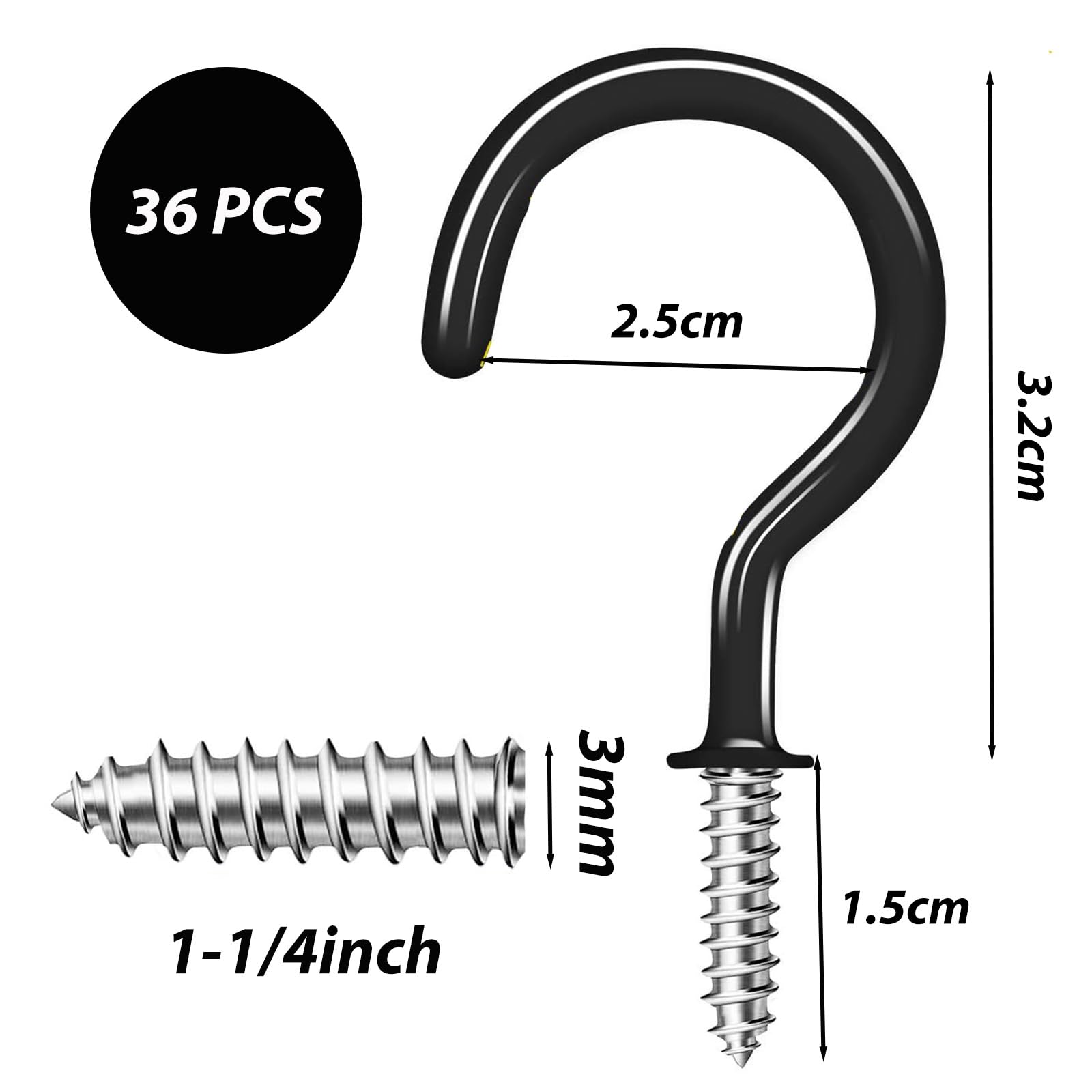 36PCS Metal Ceiling Hooks - 1-1/4 Inch Black Coated Screw-in Hooks for Hanging Plants Cups, Lights, Kitchen - Image 2