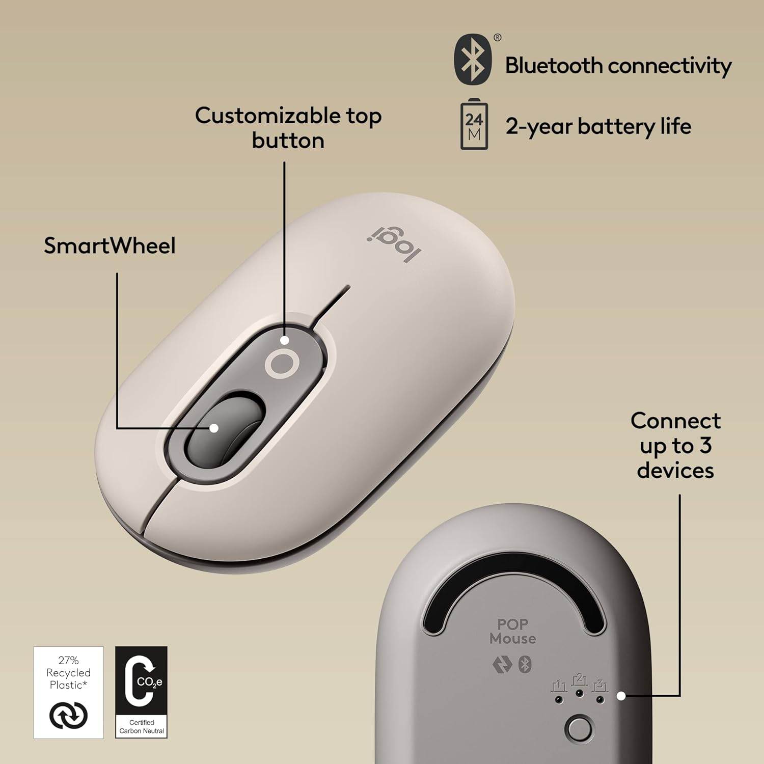 Logitech POP Keys + POP Mouse - Wireless Keyboard and Bluetooth Mouse Combo with Typewriter-Style Mechanical Keys, Emoji Features, Cute Compact Design - Mist