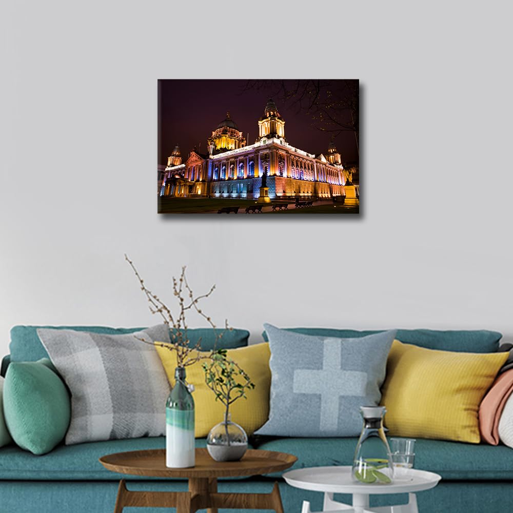 TISHIRON 1 Piece Belfast North Ireland Skyline Canvas Wall Art Night City Center Cityscape Paintings Modern City Picture for Bedroom Home Decoration for Living Room Framed Ready to Hang 16x24 in - Image 3
