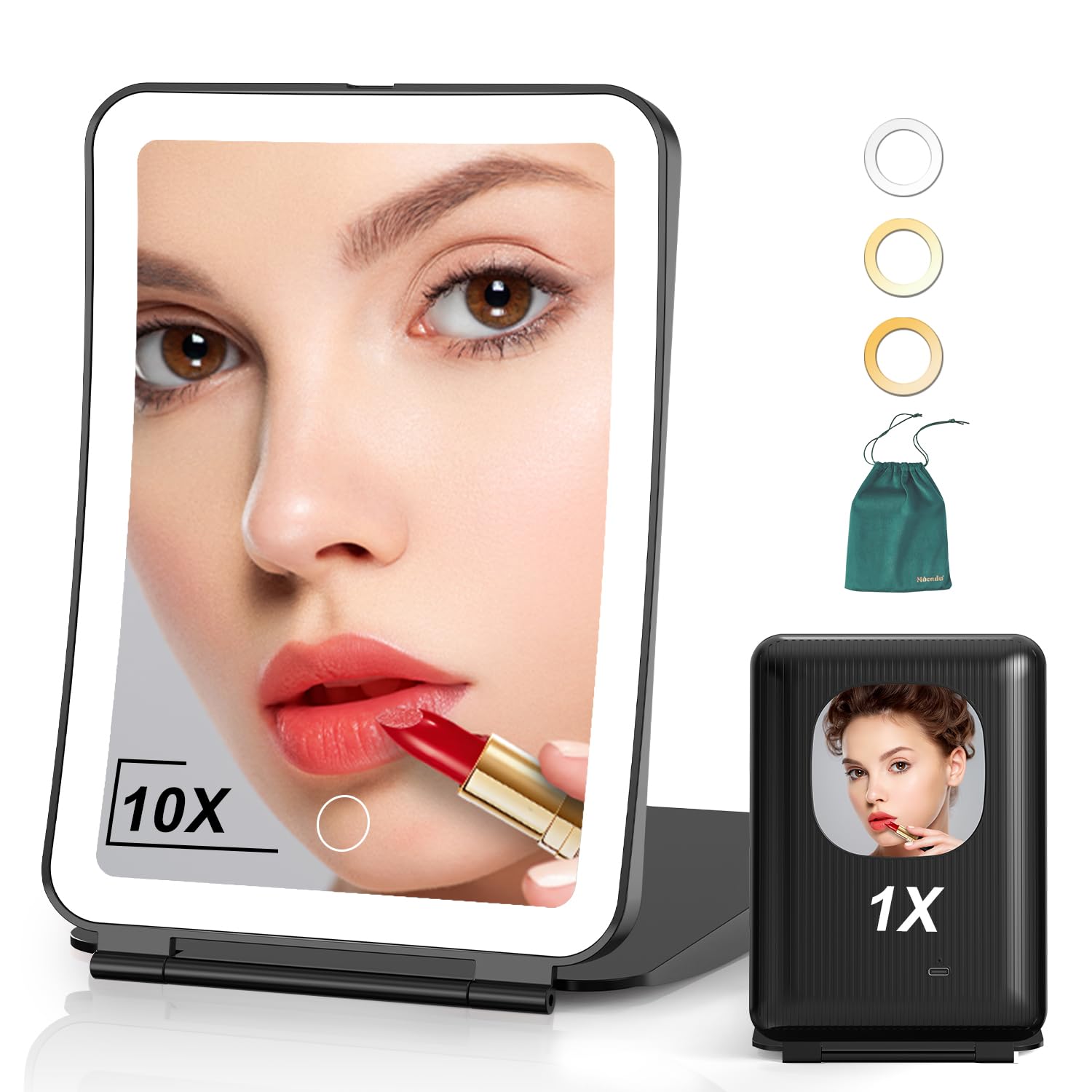 Mocado Travel Makeup Mirror with Light, 1x/10x Magnifying Mirror with Light, 3 Colors Lighted Magnifying Mirror, 2000mAh Rechargeable Lighted Makeup Mirror, Dimmable Touch, Memory Function (BlackGlobal Recycled StandardGlobal Recycled StandardGlobal Recycled Standard