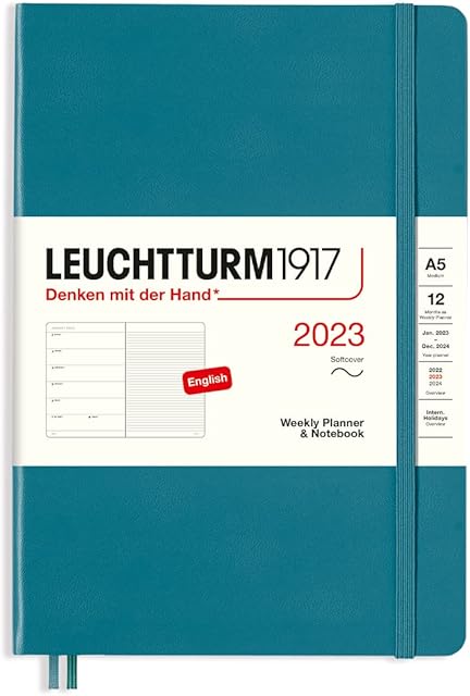 LEUCHTTURM1917 365909 Weekly Planner & Notebook Medium (A5) 2023, Softcover, Ocean, English, 12 Months