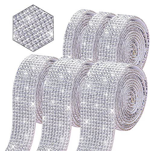 6 Rolls Self-Adhesive Rhinestone Ribbon Crystal Diamond Bling Ribbon DIY Decoration Sticker with 2 mm Rhinestones for DIY Arts Crafts,Wedding Party Decor,Car Phone Decoration. (White)