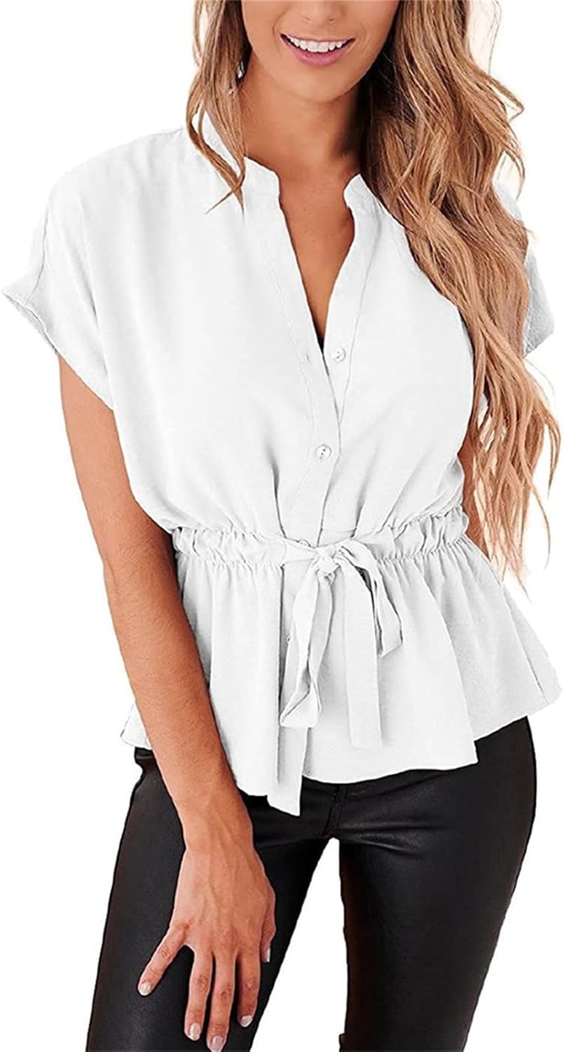 Heevina Shirts for Women Short Sleeve Tops Solid Color Button Down Tie Up Waist Ladies Shirts Summer Casual Going Out