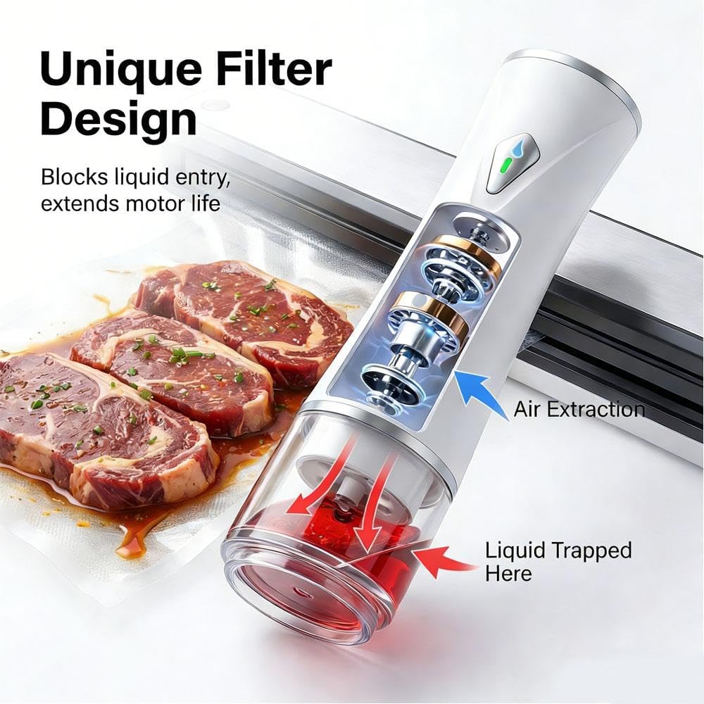 Compact Vacuum Sealer for Food with Detachable Liquid Tank, 60kPa Handheld Vacuum Sealer Machine for Meal Prep & Camping, Includes 3 Glass Vacuum Containers & 30 Reusable Puncture-Resistant Bags