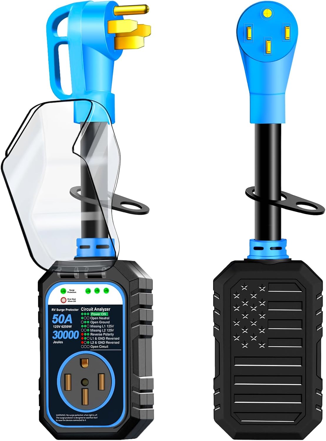 30000J 50Amp RV Surge Protector 50 Amp Flag Design - Upgraded Power Surges Voltage Protection Circuit Analyzer IP68 Waterproof Cover for 50A RVS Camper Trailer Must Haves (50Amp, Blue)