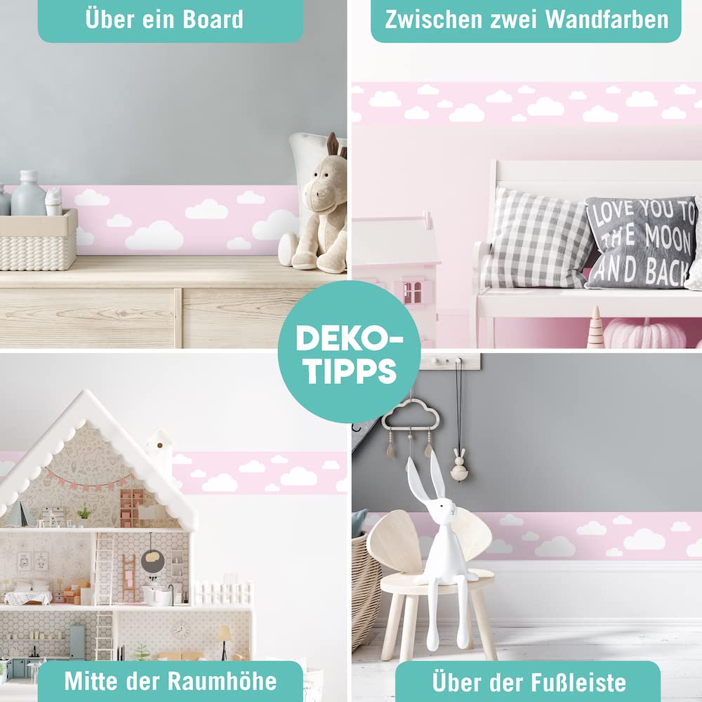 bordo autoadesivo, 450 x 11,5 cm, con motivo di nuvole, rosa