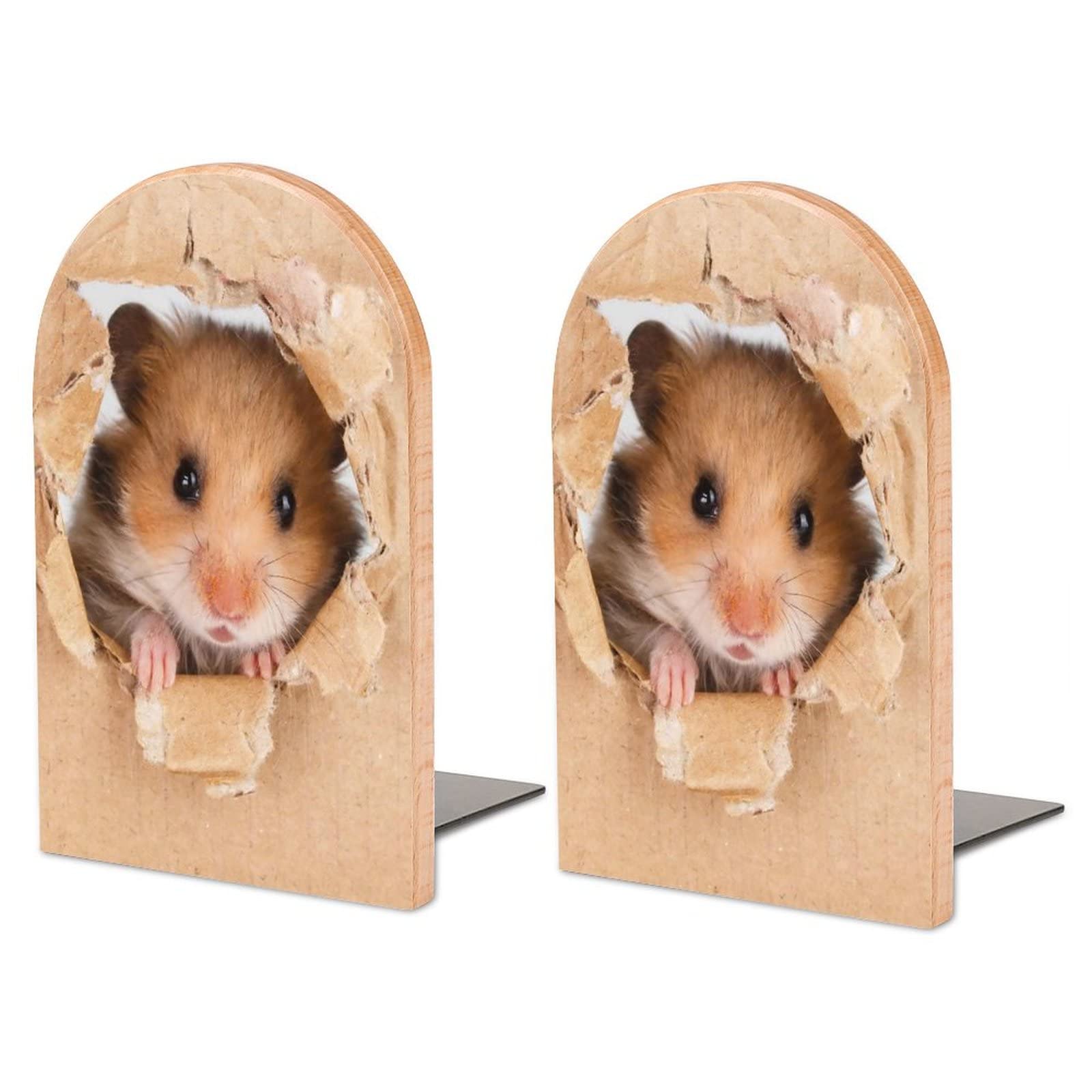 Atasc As Pic Wood Book End Little Hamster Looking Through A Cardboard Torn Hole Book Shelf Holder Non-Slip Wooden Bookends Stand For Shelves Home Office Library Study