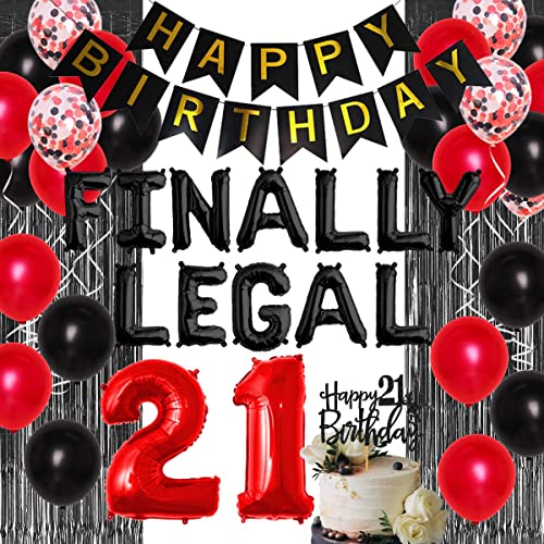 Finally Legal 21st Birthday Decorations Red For Men Teens Adults 21st Birthday Party Supplies Finally Legal Birthday Balloon Banner Fringe Curtain Number 21 Balloons Decors