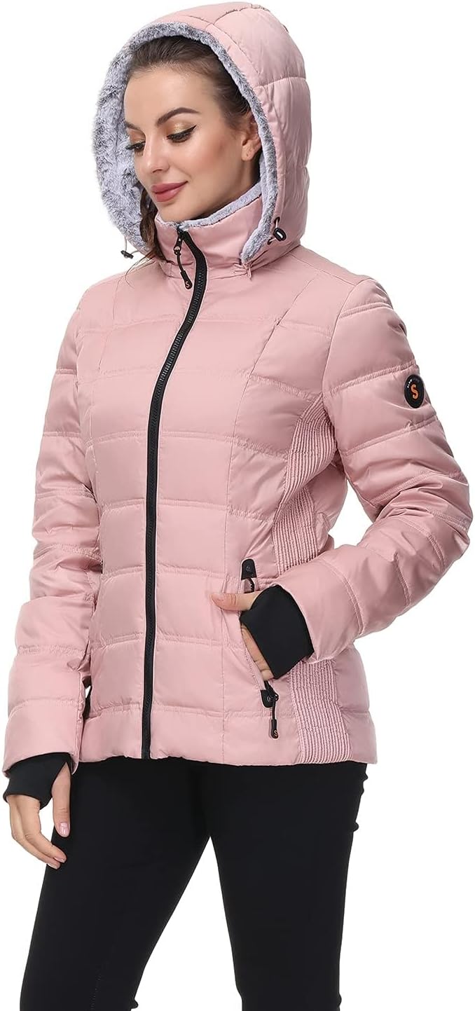 SLOW DOWN Women Down Puffer Jacket Warm Hooded Winter Down Puffer Coat with Faux-Fur Hood & Collar - Image 2