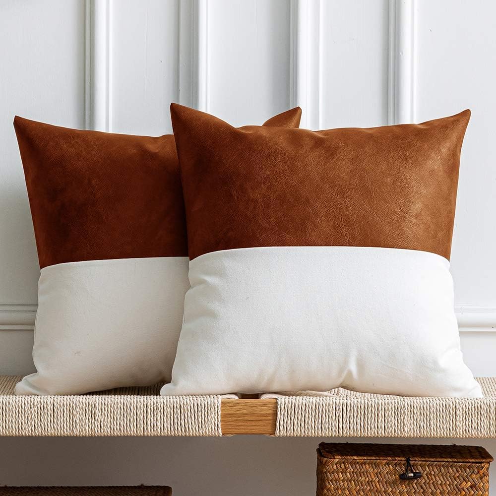Atariya Decor Faux Leather with 100% Cotton Decorative Throw Pillow Covers for Couch Bed Sofa | Home Decor Accent Square Bedroom Living Room Cushion Cases. (18 x 18 (Set of 3), Tan + Slub) (B0CWGR4T8C) Amazon Price History, Amazon Price Tracker