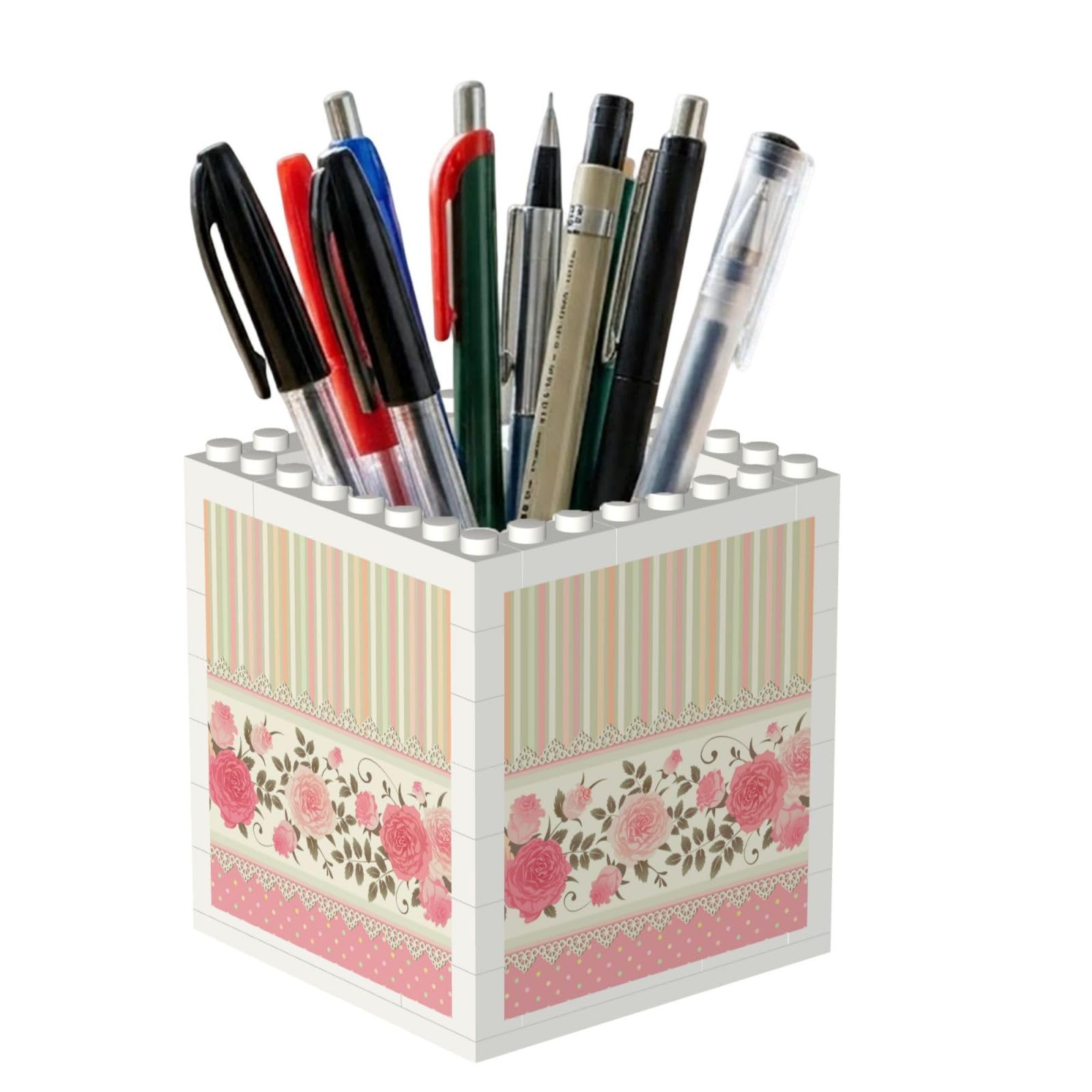 Poadnly Pink Floral Polka Dots Neutral Striped Combo Vintage Shabby Chic Flower Lace Pattern, Pen Pot Pencil Holder for Office Home School, Compact Desk Organiser for Office Stationery
