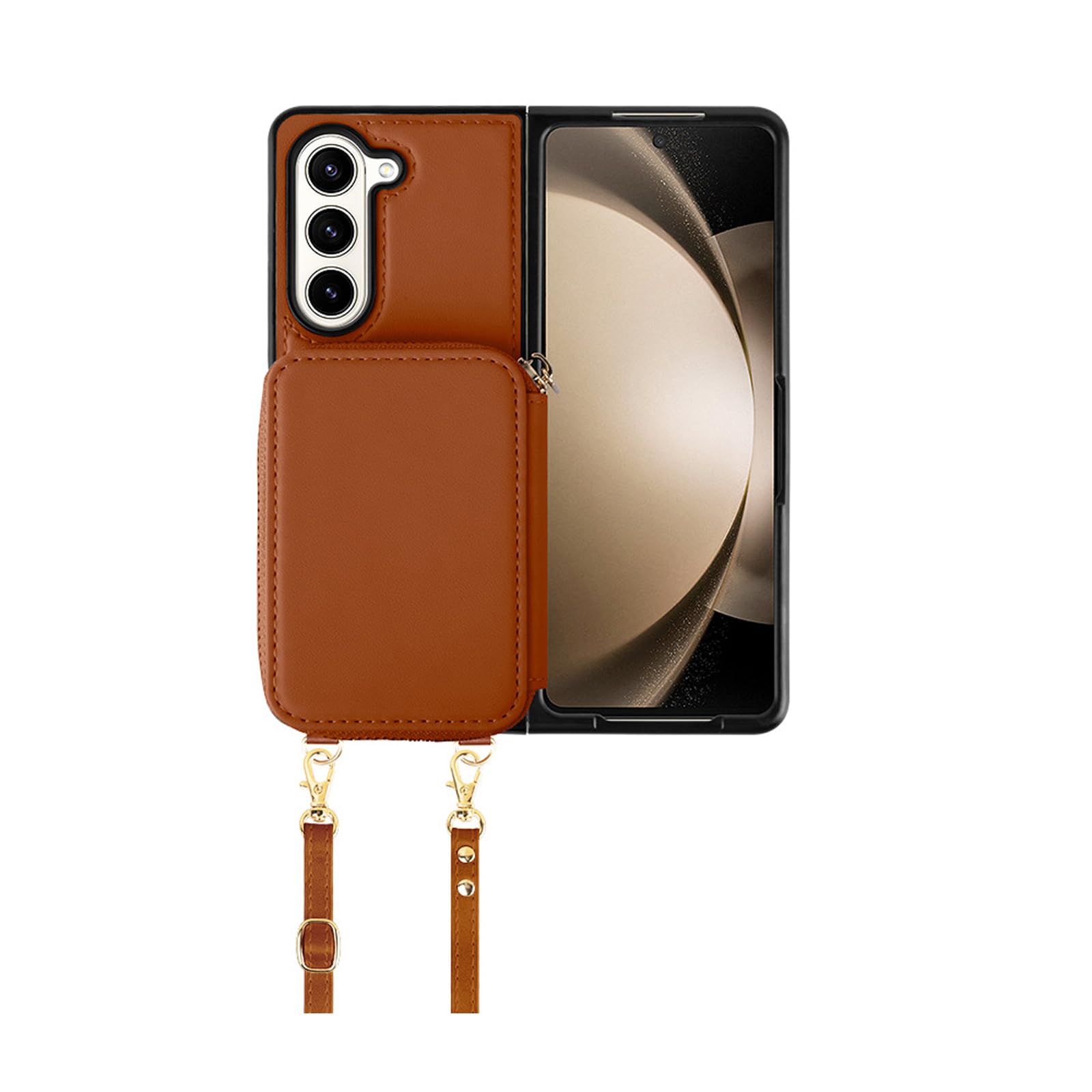 Étui portefeuille Z Fold 5 en cuir marron avec porte-cartes