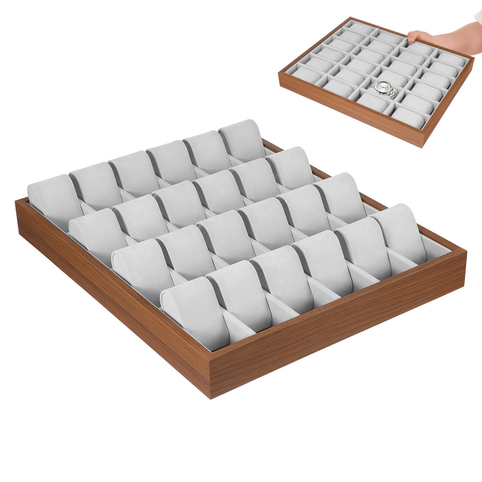 Mikikit Caja para Relojes de Madera Beige 24 Ranuras y Gran Capacidad, Organizador Elegante para Exhibir Relojes y Objetos Pequeños el Hogar
