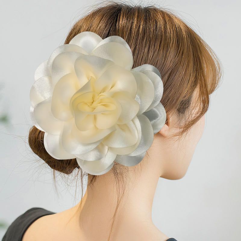 Image of Dainty Fabric Rose & Camellia Flower Oversized Brooch Pins & Hair Clip - Large Lapel Pin, 4.3in /7.5in