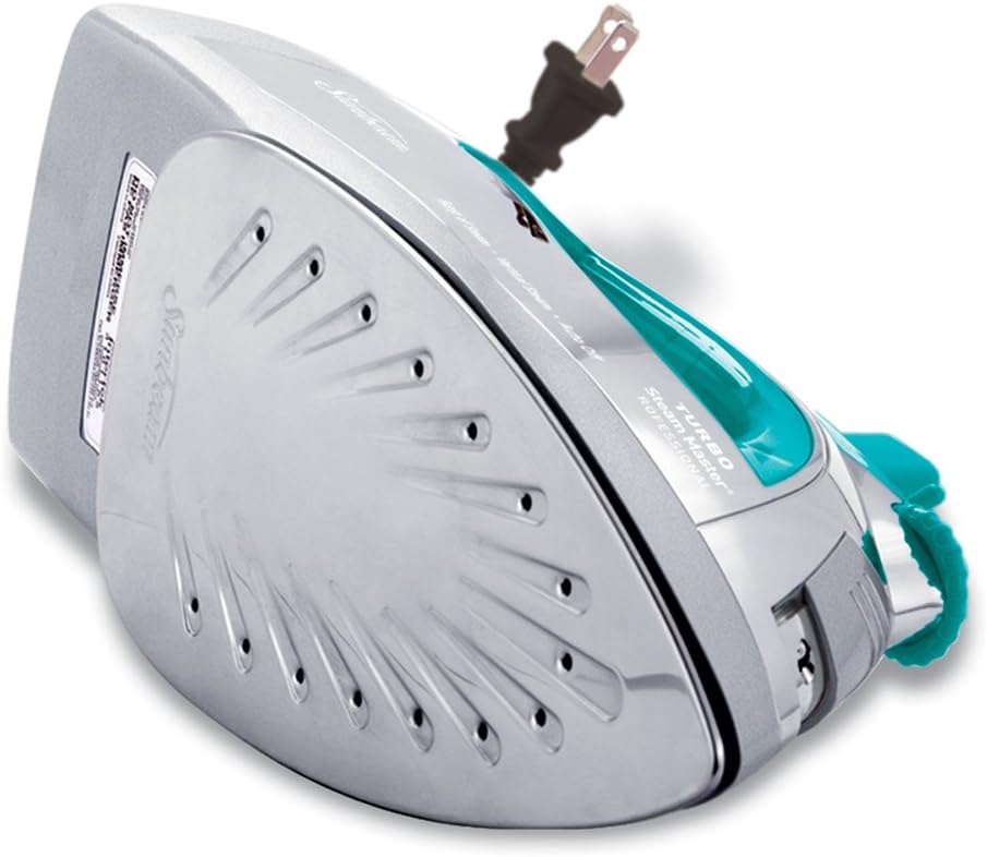 Sunbeam Steam Master 1400 Watt Large-size Anti-Drip Non-Stick Stainless Steel Soleplate Iron with Variable Steam control and 8' Retractable Cord, Chrome/Teal, GCSBSP-201-000