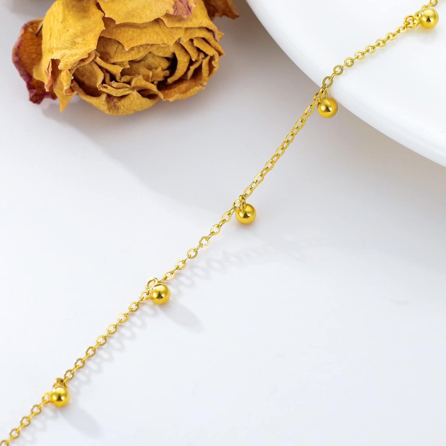 Solid 14K, 18K Gold Bracelets for Women, Real Gold Bead Thin Chain Bracelet