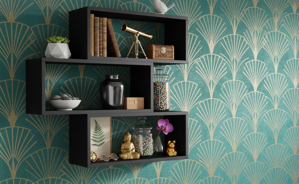 Floating Zigzag Shelf – Contemporary Dark Wood Display-image-35
