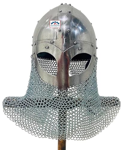 Medieval Knight Norseman Helmet with Aventail - 18 Gauge Steel Handcrafted Viking Helmet with Chainmail Cosplay Armor Gift For Him