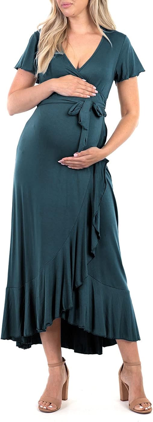 Mother Bee Maternity Faux Wrap Butterfly Sleeve Dress with Ruffles at  Women’s Clothing store