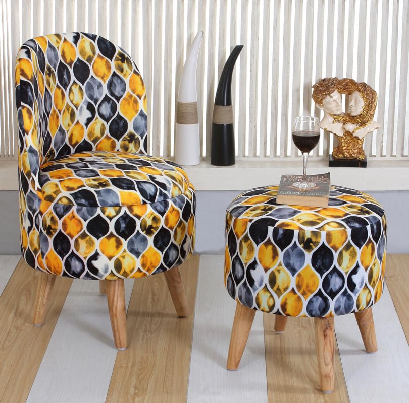 Image of Printed Ottoman Stool with Chair, Velvet Footrest Stool for Living Room, Wooden Legs Ottoman for Sofa & Living Room Decor, Chair (18 inchx32 inch), Puffy (16 inchx17 inch), Cmbo-Black Fire